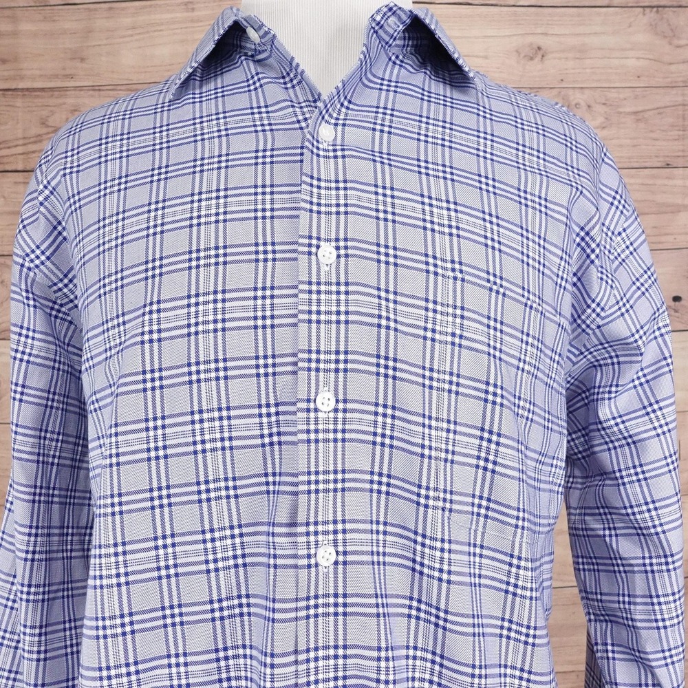 Rochester Dress Shirt 18 34/35 Classic Fit Blue Plaid‎ Non-Iron Egyptian Cotton